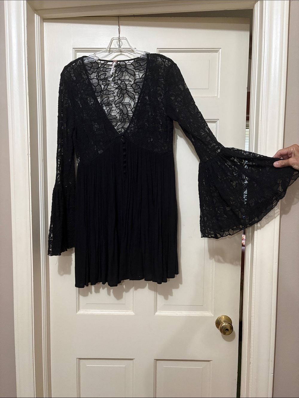 Free People Black Lace Bell-Sleeve Mini Dress